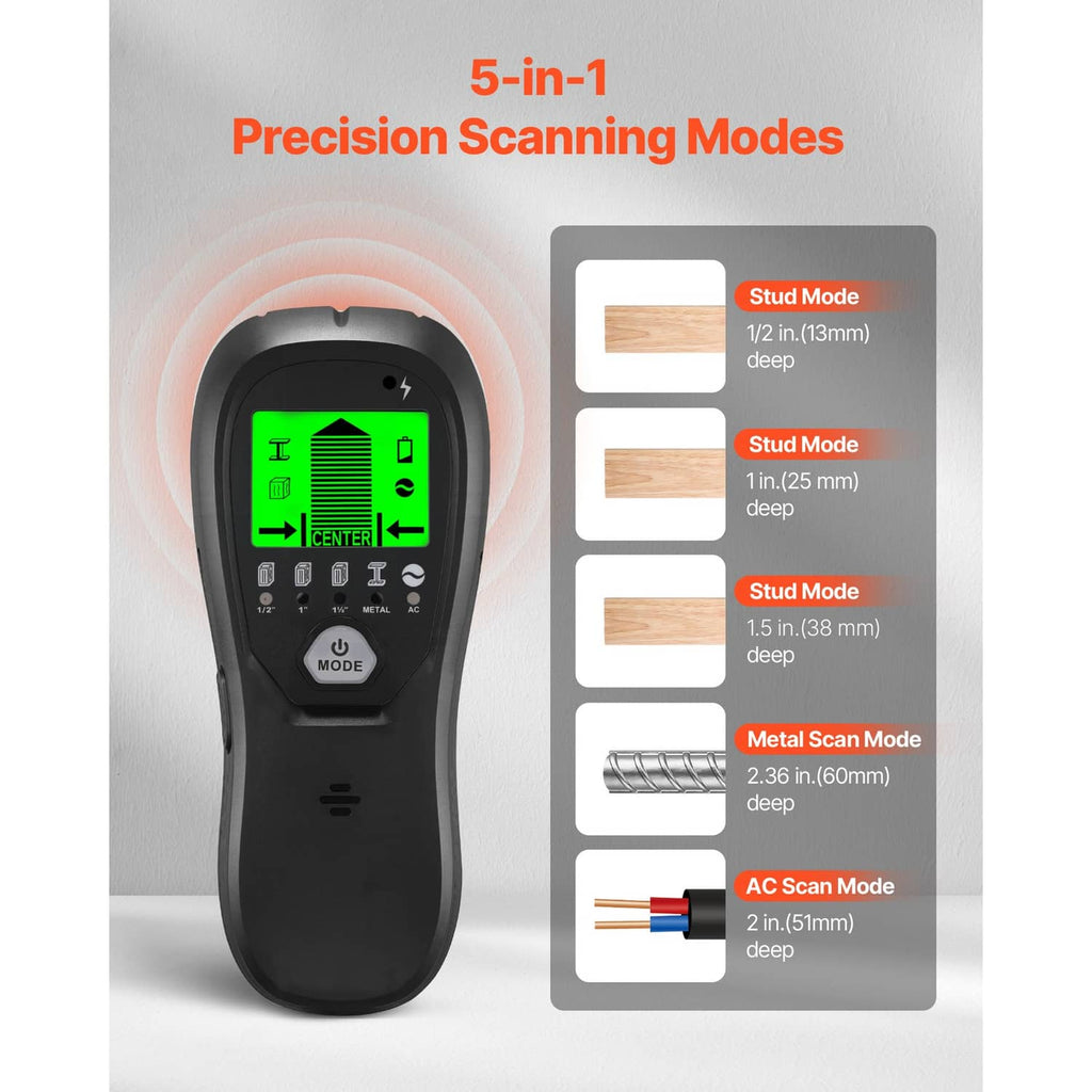 Black wall scanner with green LCD and icons for stud and metal detection modes