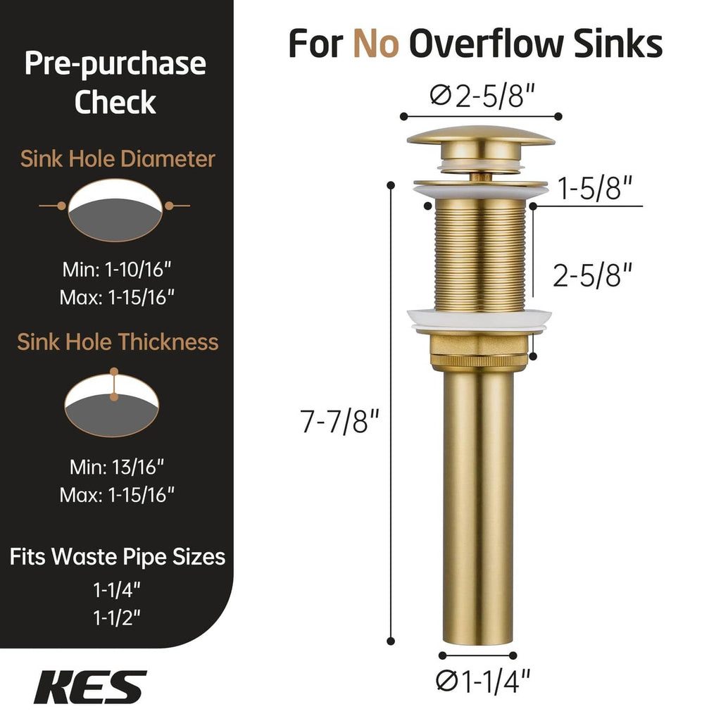 Brushed gold pop-up sink drain stopper for no-overflow sinks, shown with size guide