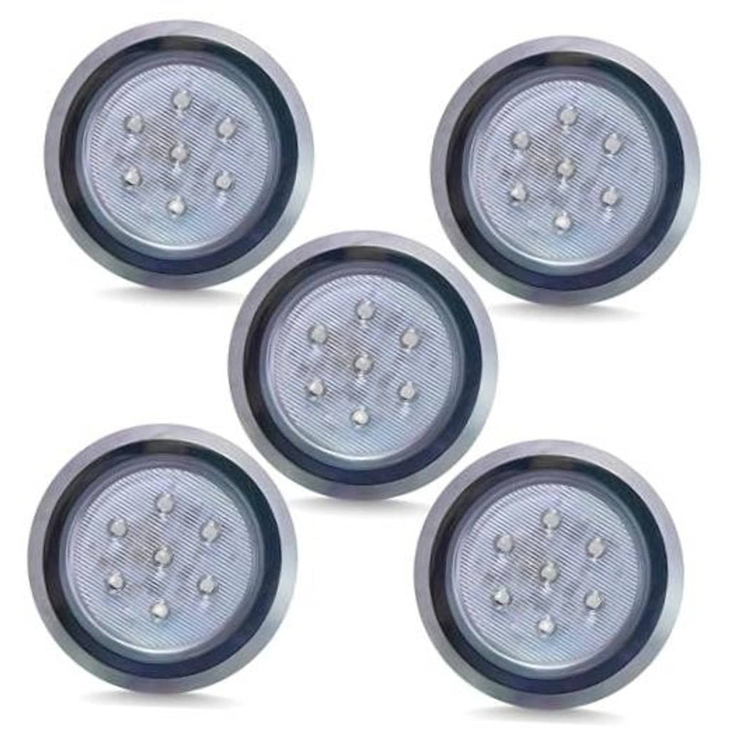 Five round 12V LED surface-mount dome lights with chrome trim ring, blue lens