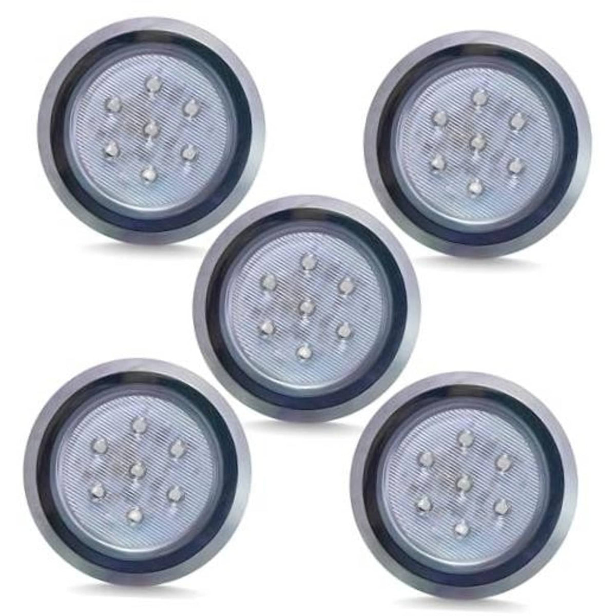 Five round 12V LED surface-mount dome lights with chrome trim ring, blue lens