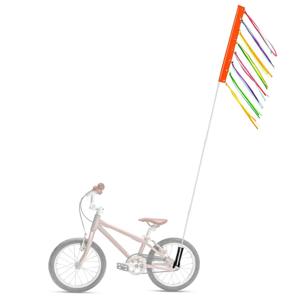 Bike safety flag on a tall white pole with an orange flag and multicolor ribbon tails