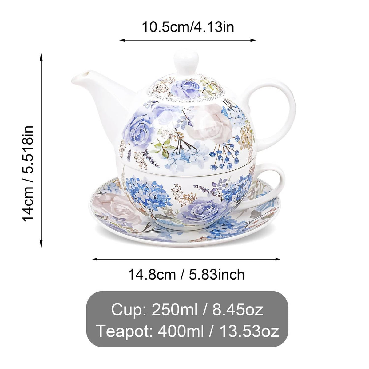 Porcelain tea for one set; 14.8cm width, 250ml cup and 400ml teapot.