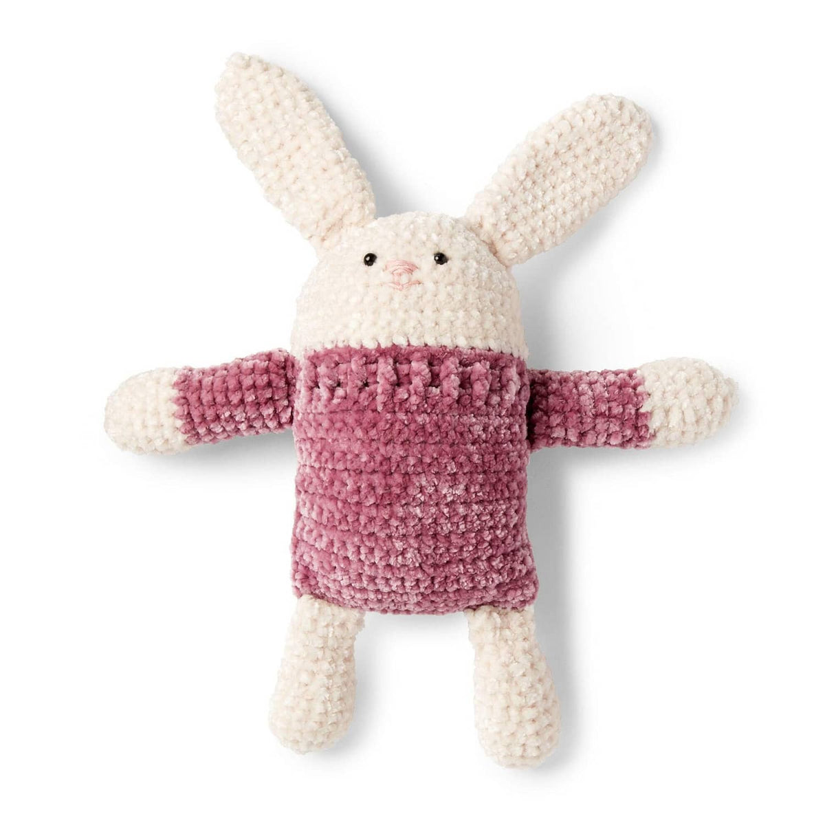 Crocheted bunny plush made with soft textured yarn in lilac and cream