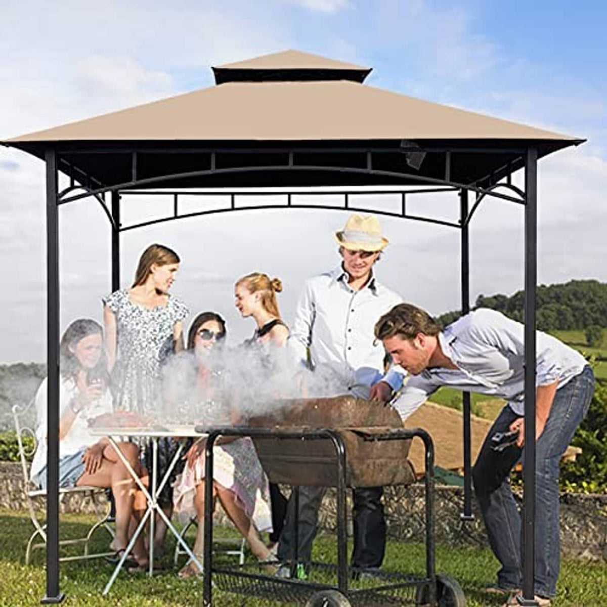 Beige grill gazebo replacement canopy over grill with black metal steel frame