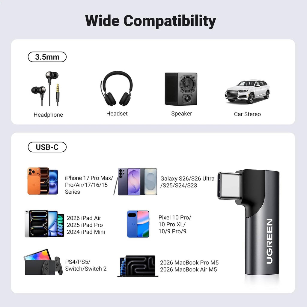 Black USB-C to 3.5mm audio adapter with plug ends and compatible device icons