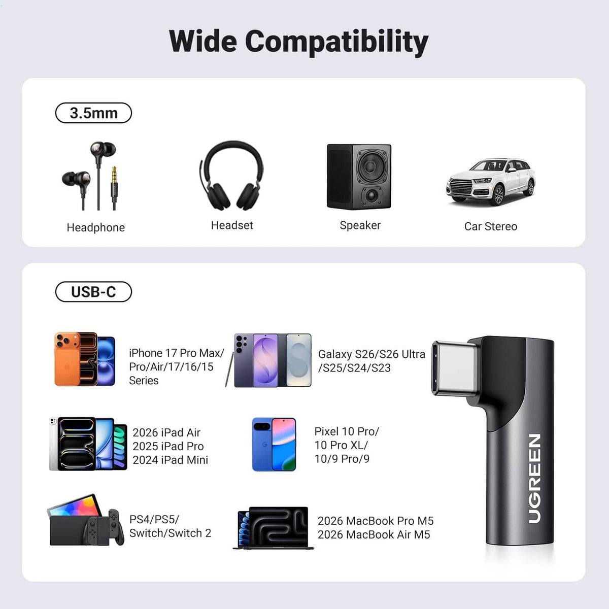 Black USB-C to 3.5mm audio adapter with plug ends and compatible device icons