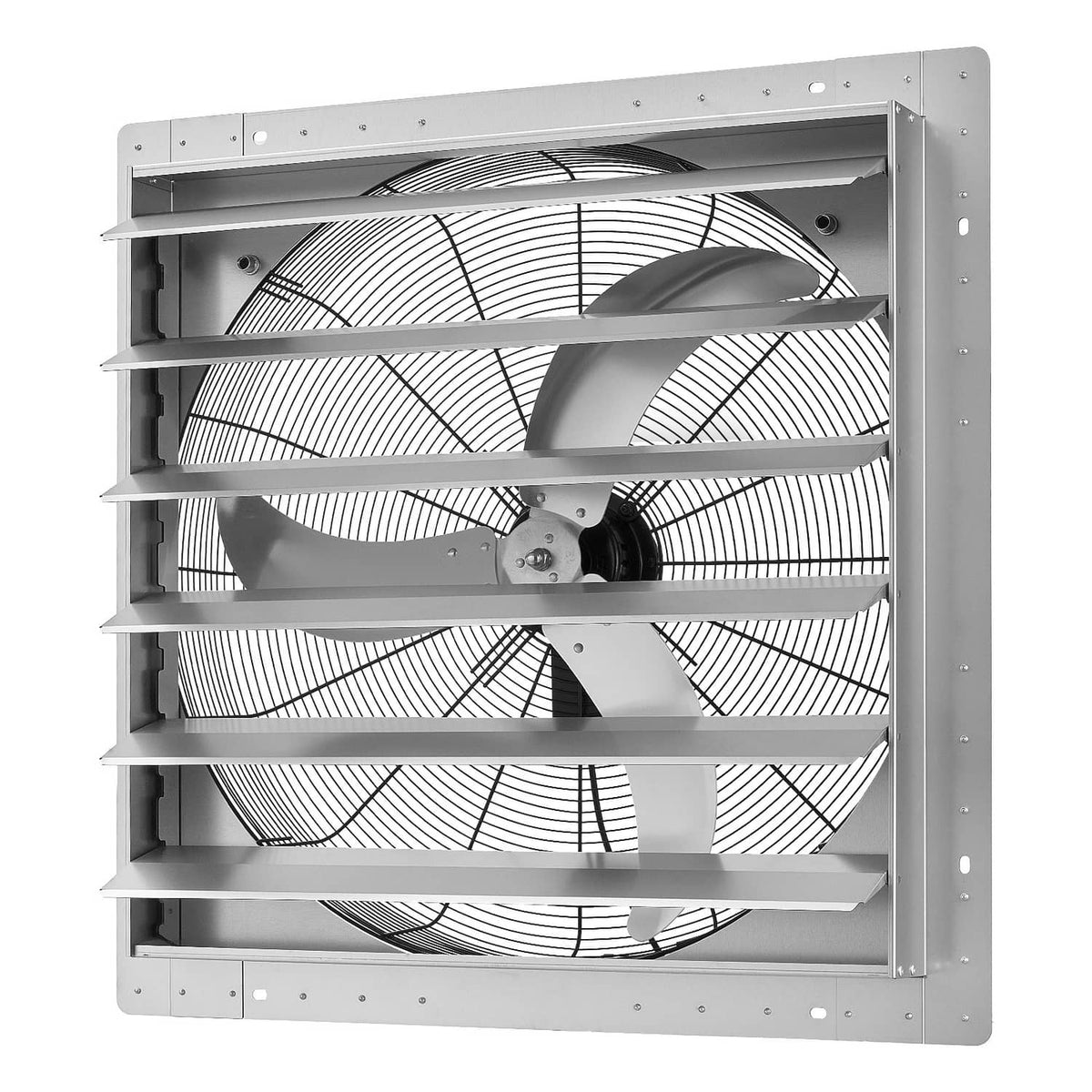 Front wall shutter exhaust fan with silver louver panels and central fan motor