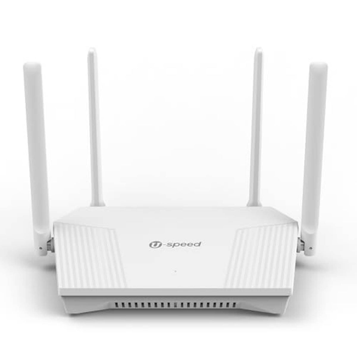 White wireless router with four antennas, front vents, and central brand logo