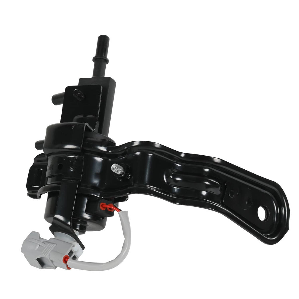 Black fuel tank valve assembly with long curved bracket and electrical connectors