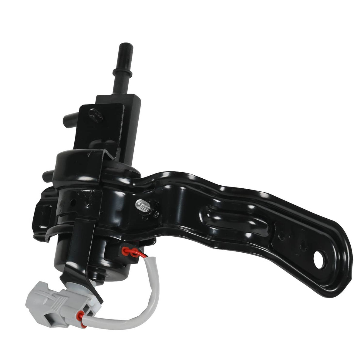 Black fuel tank valve assembly with long curved bracket and electrical connectors