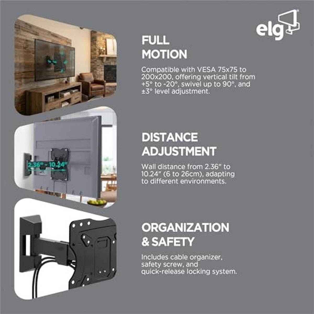 Black full-motion TV wall mount with cable and safety features diagram
