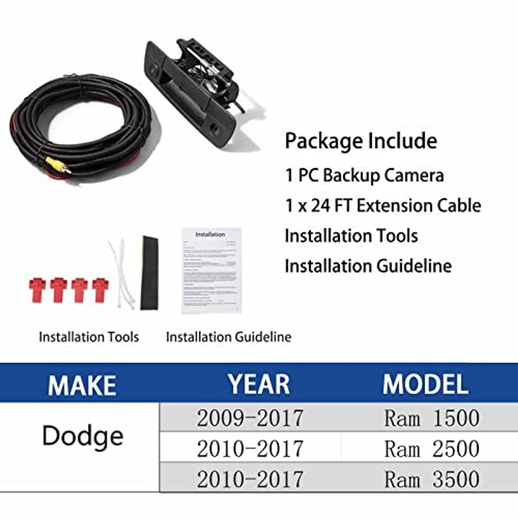 Backup camera package with extension cable, installation tools, and guide documents