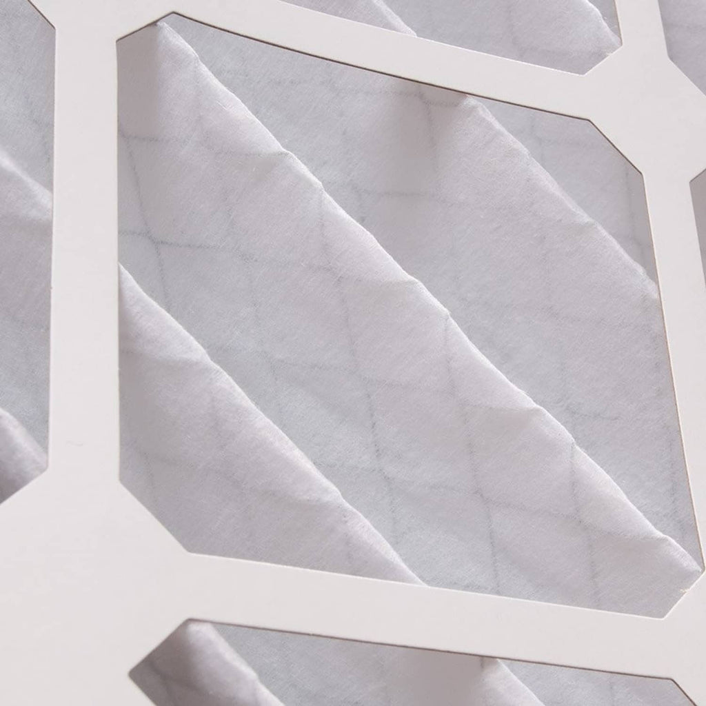 Pleated white air filter corner with paper frame and dense filter media
