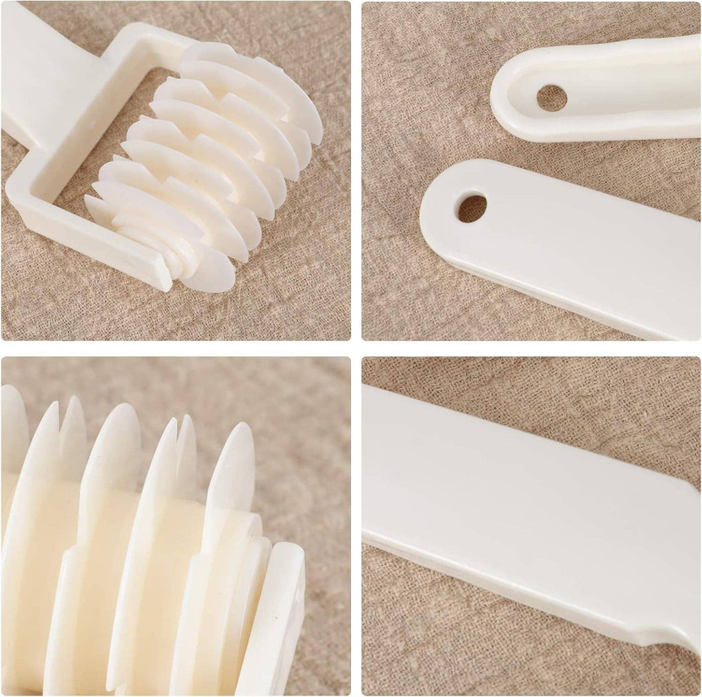 Lattice dough roller cutter—close-up of cream ridged roller heads and handles