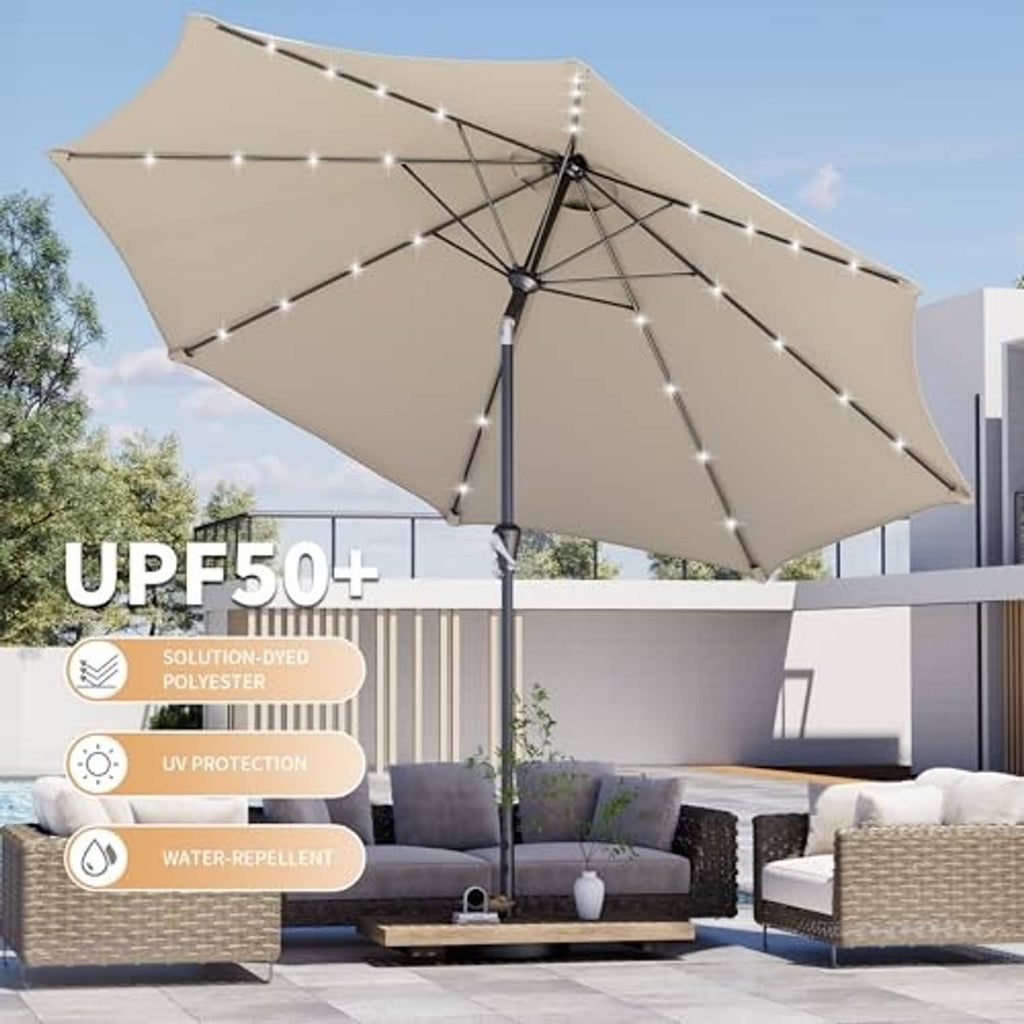 Beige 10 ft outdoor patio umbrella with solar LED lights and vented canopy