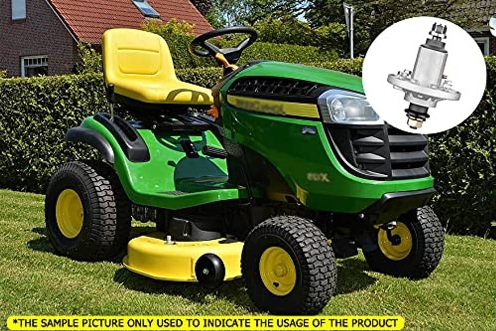 Lawn mower spindle assembly kit displayed with a green riding mower