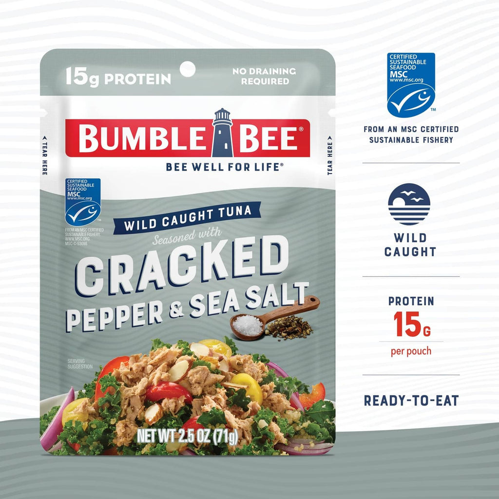 Bumble Bee tuna pouch, wild caught seasoned with cracked pepper and sea salt, 2.5 oz