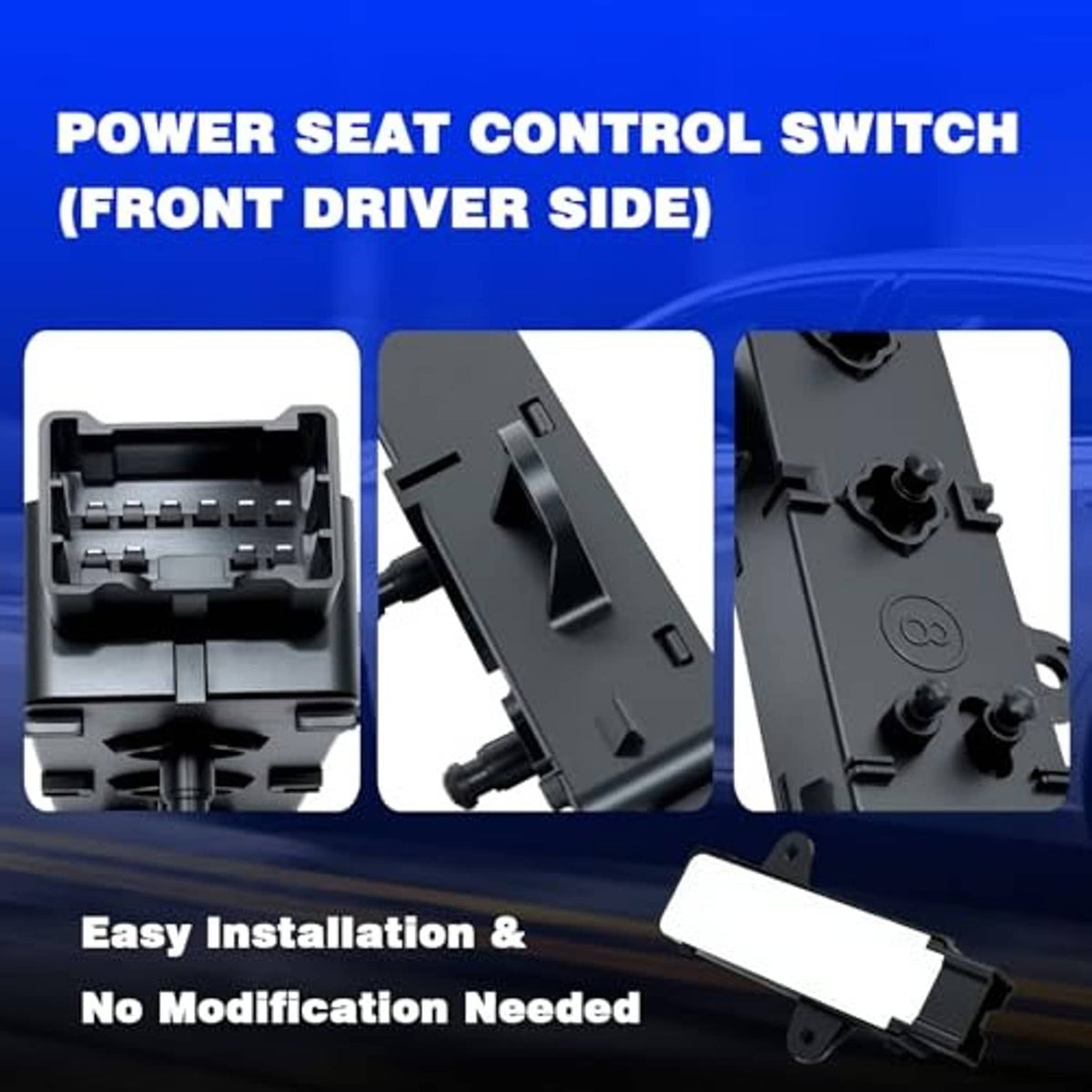 Power seat control switch, close-up of black module with mounting bracket