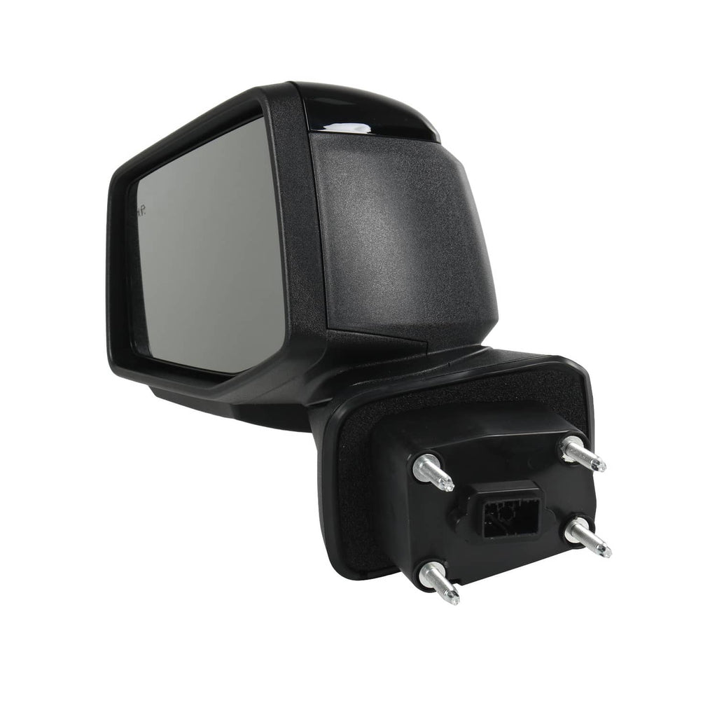Black exterior side mirror with clear glass and mounting base with screws and plugs