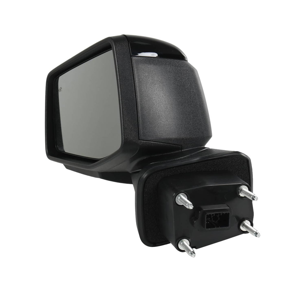 Black exterior side mirror with clear glass and mounting base with screws and plugs