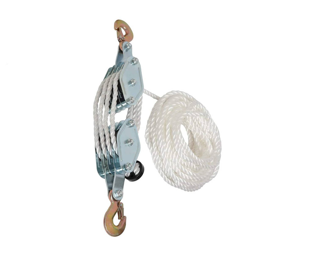 Block and tackle pulley system with stacked gray pulleys, gold hook, and white rope