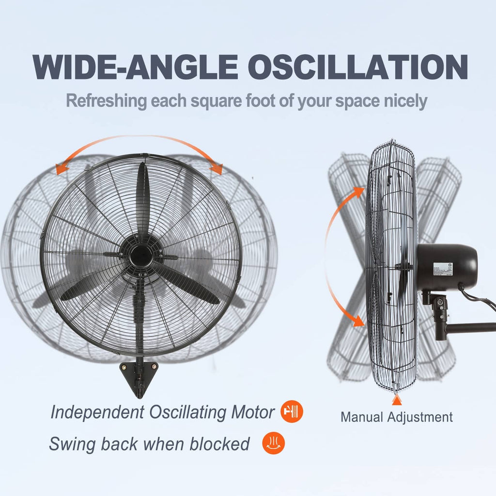 Wall-mount misting fan with wide-angle oscillation head and rotating grille