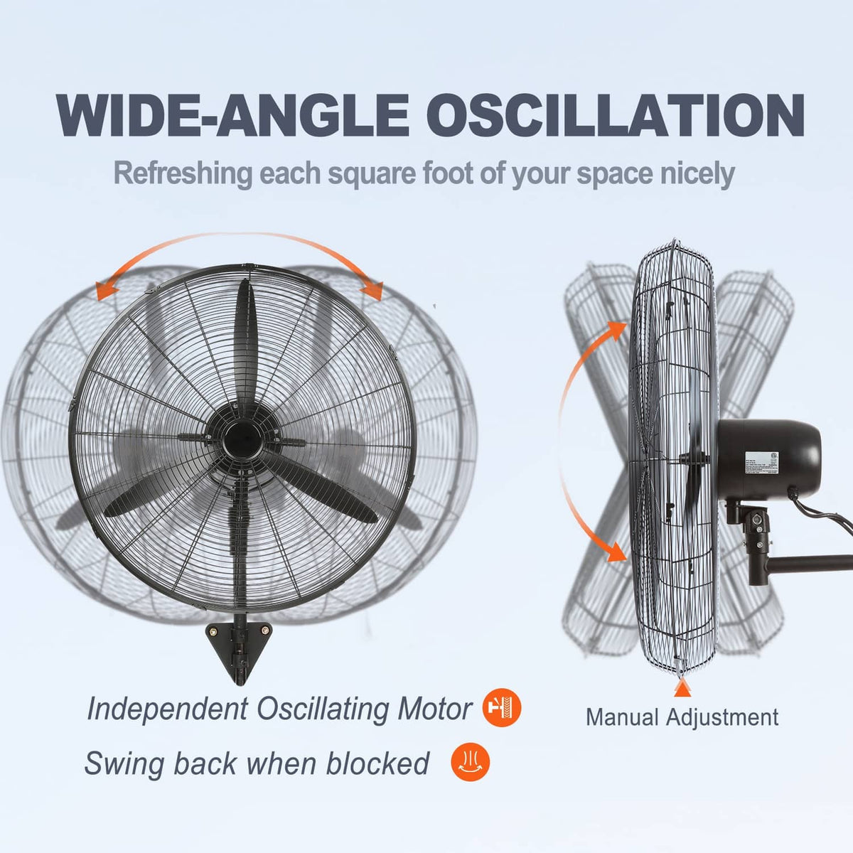 Wall-mount misting fan with wide-angle oscillation head and rotating grille