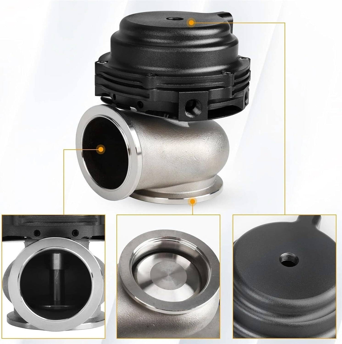 External turbo wastegate assembly with black top cover, silver body, and mounting flange