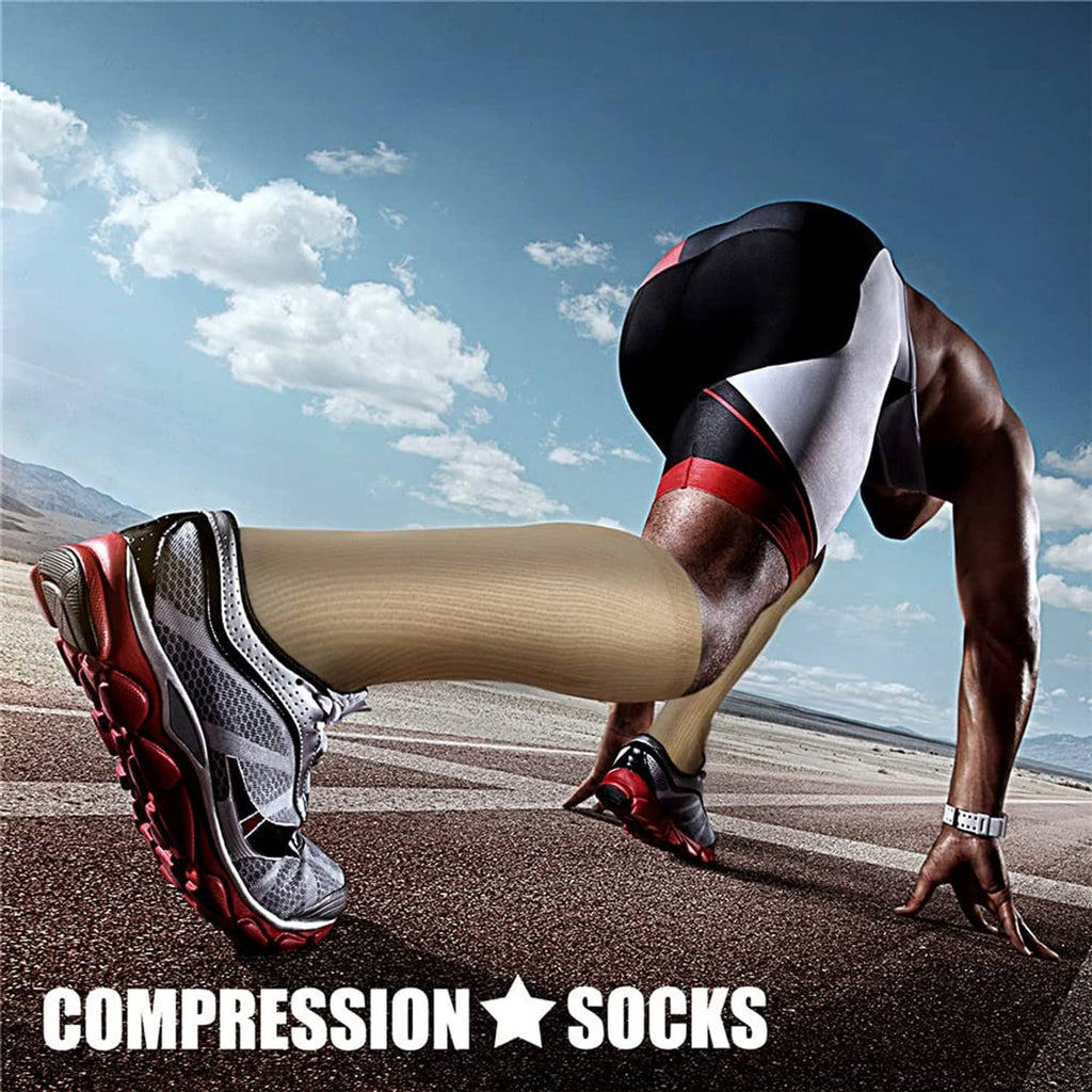 Beige compression socks on a runner’s calf and ankle for sports training