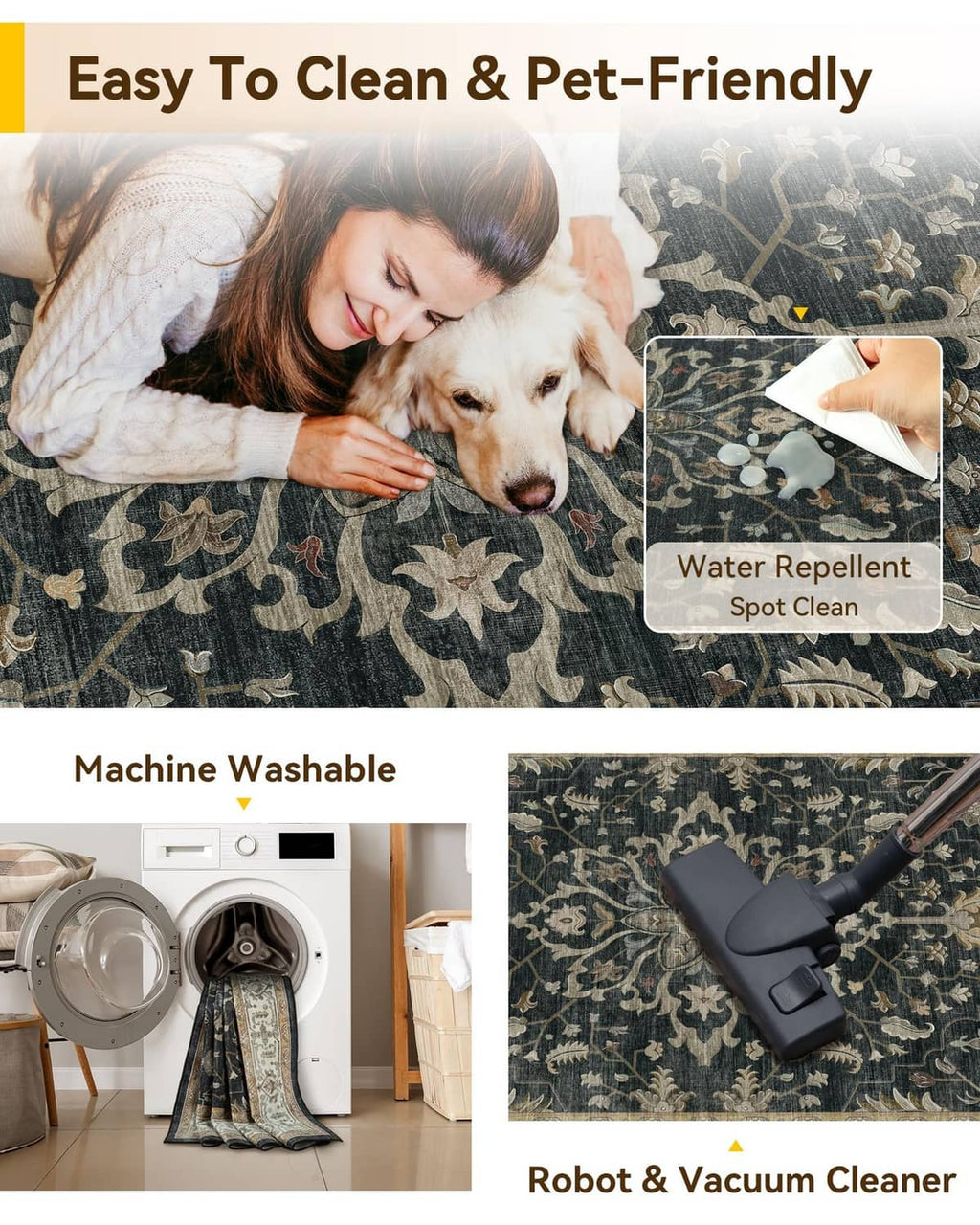 Washable rug infographic with cleaning icons and water-repellent spot-clean graphic