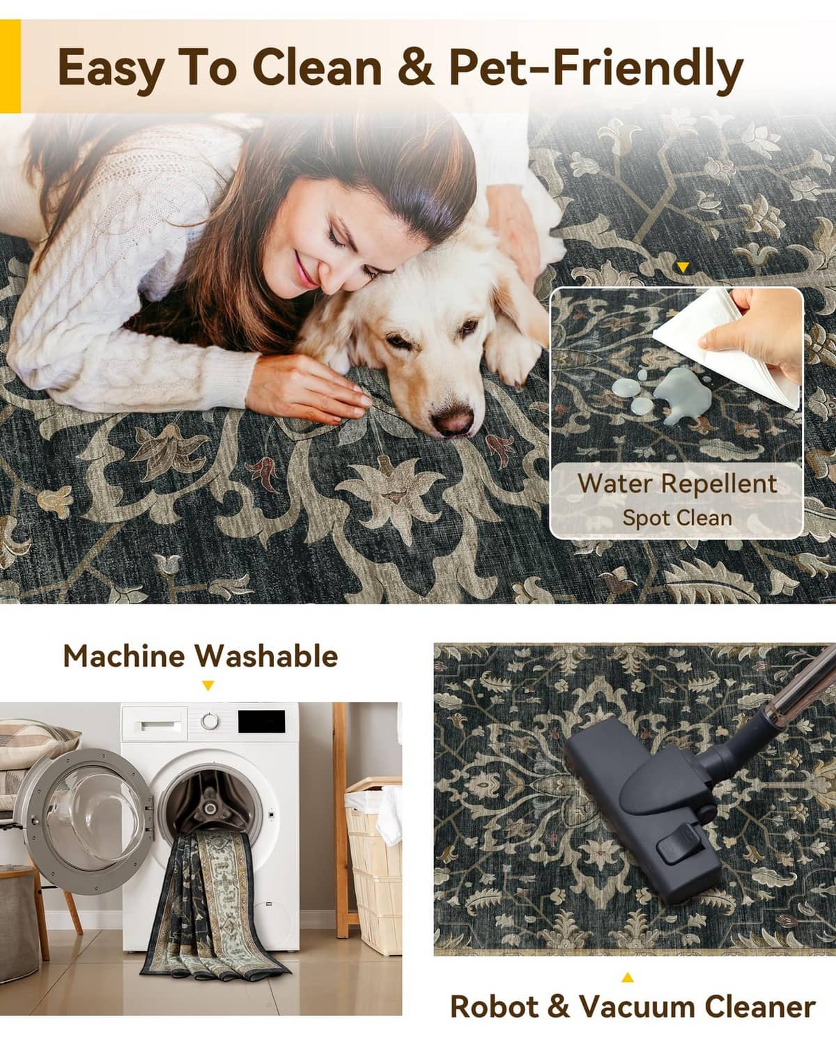 Washable rug infographic with cleaning icons and water-repellent spot-clean graphic