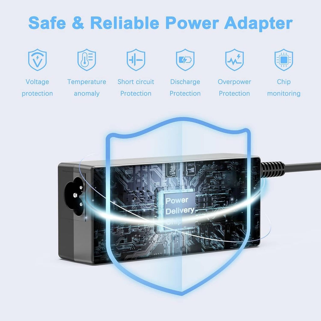 Black 65W USB-C AC adapter with safety circuitry design