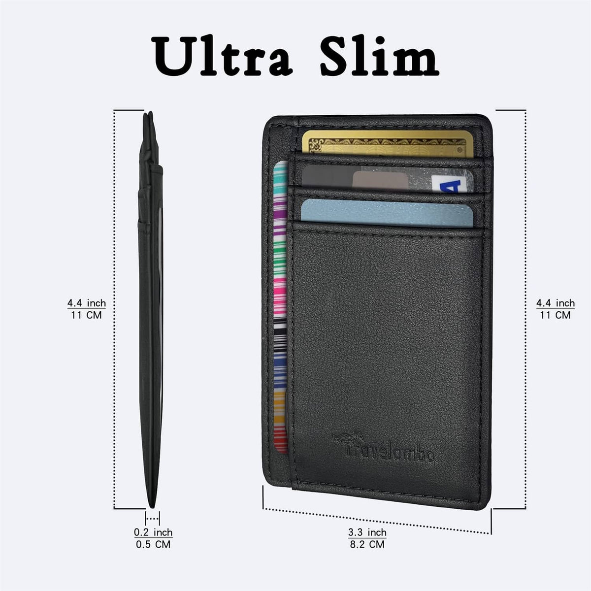 Black ultra-slim leather wallet with front card slots, side and size view