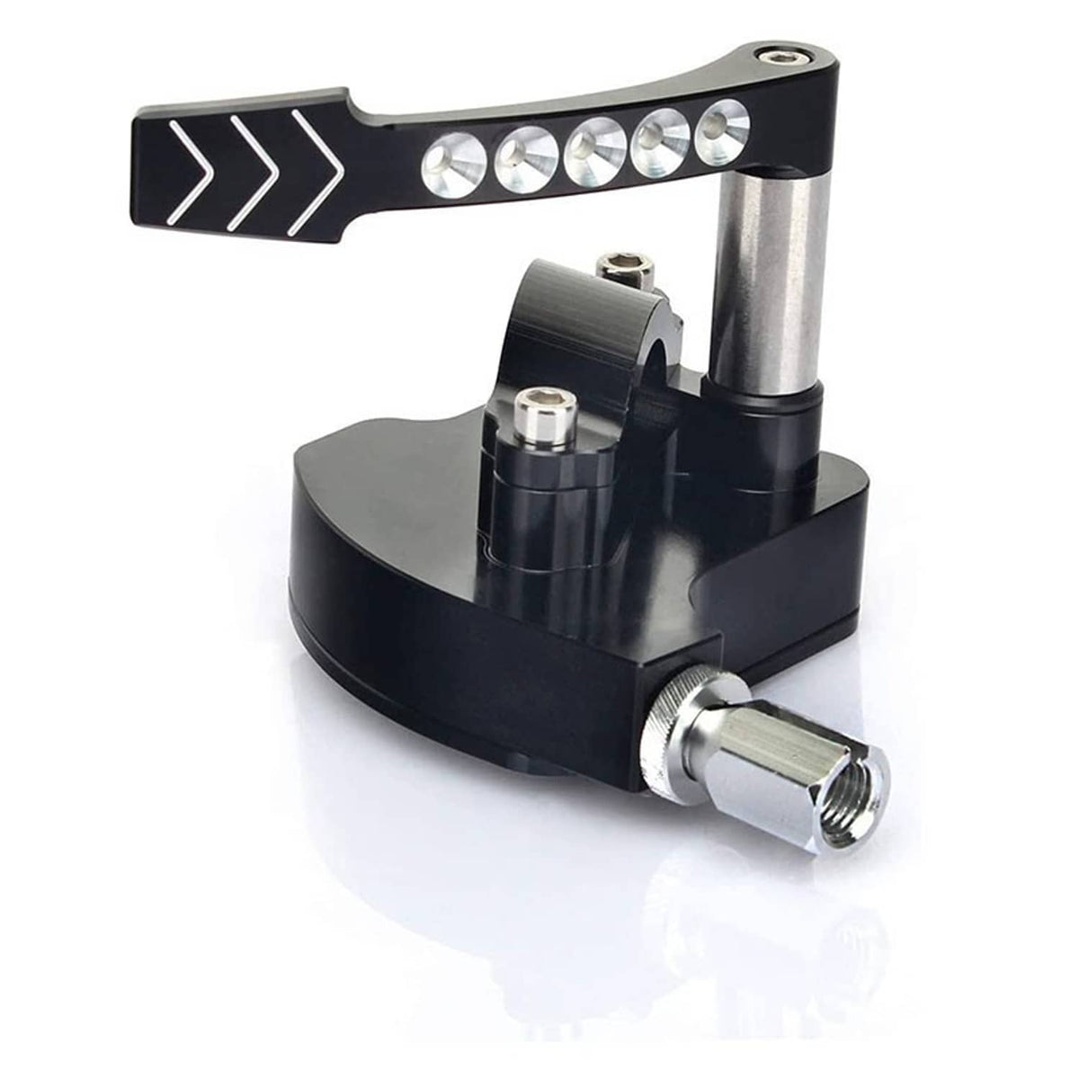 Billet thumb throttle with black housing, silver stem, and angled arrow lever plate