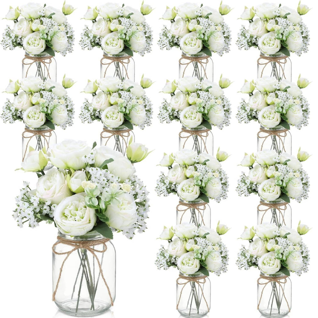 Set of 12 mason jar centerpieces with faux white roses and green foliage