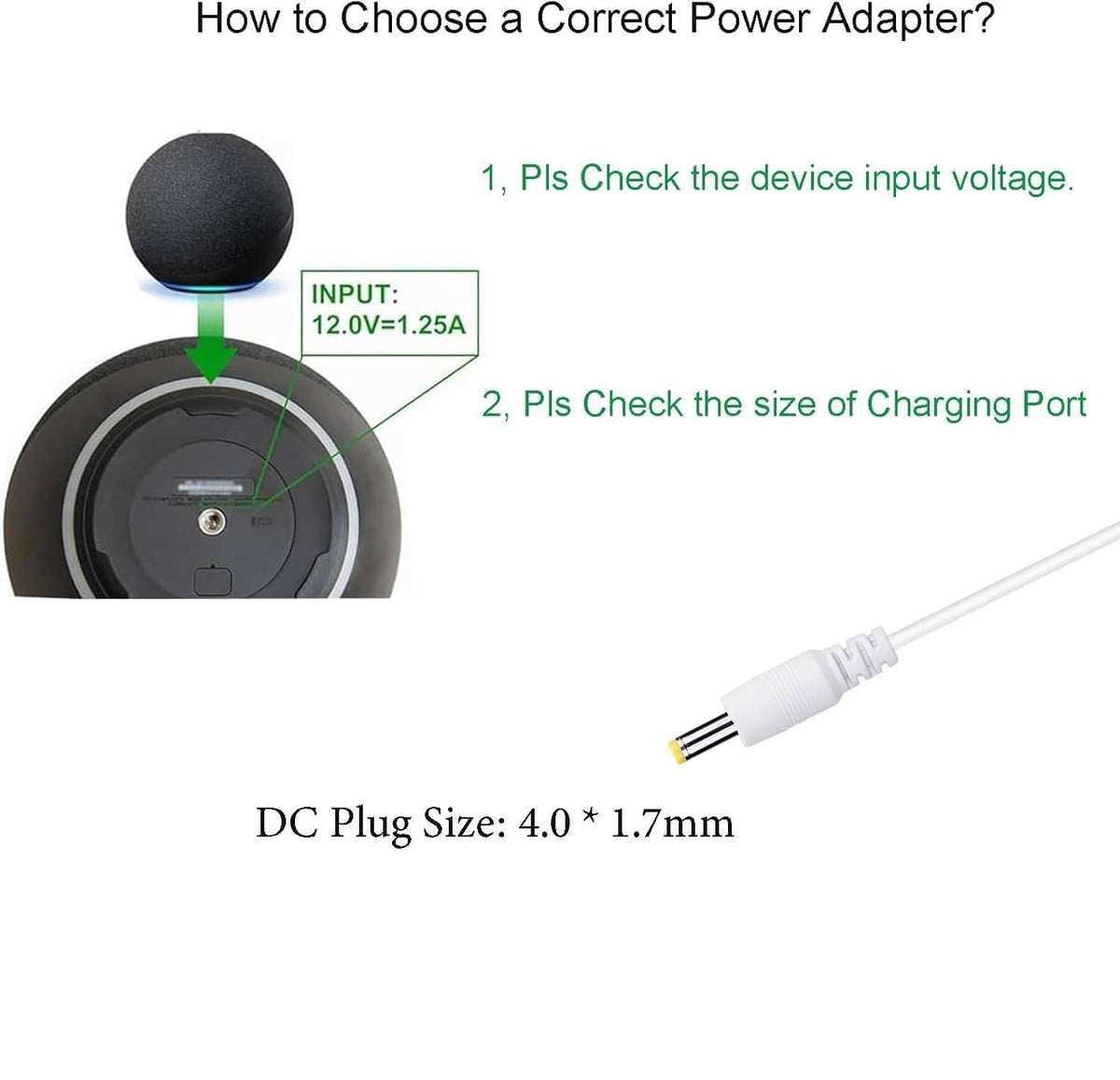 White charging cable with DC barrel connector and small prong plug tip