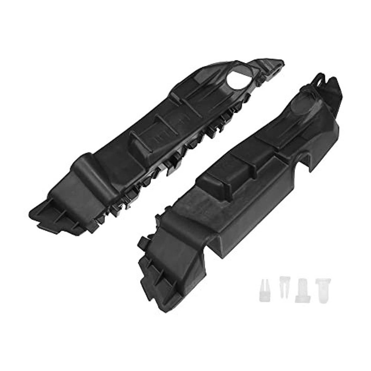 Pair of black front bumper mounting support brackets with molded channels and tabs