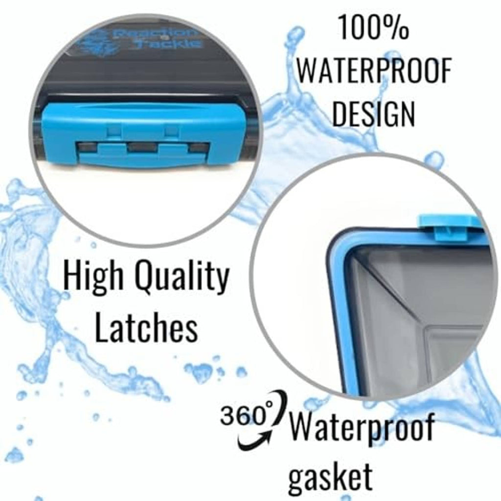 Waterproof tackle box with blue snap latch and gasket seal close-up