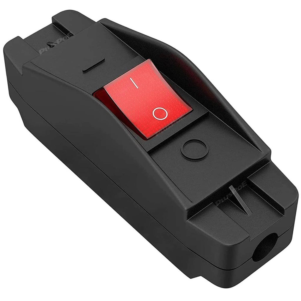 Inline rocker cord switch with red I/O indicator and black housing, heavy-duty rating.