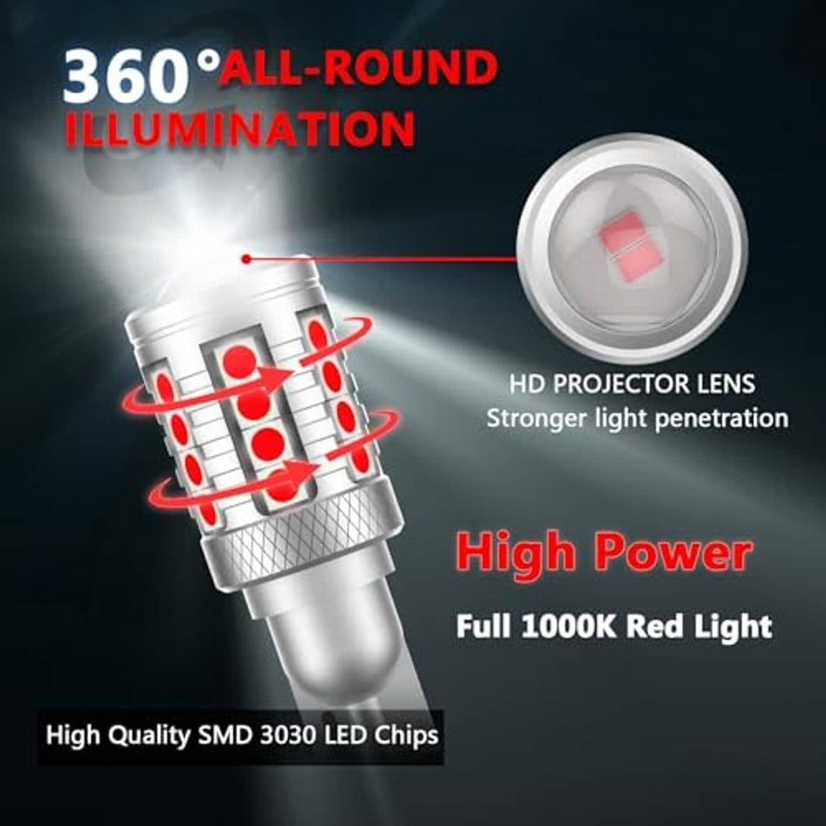 LED stop light bulb with red LEDs, projecting 360 all-round illumination