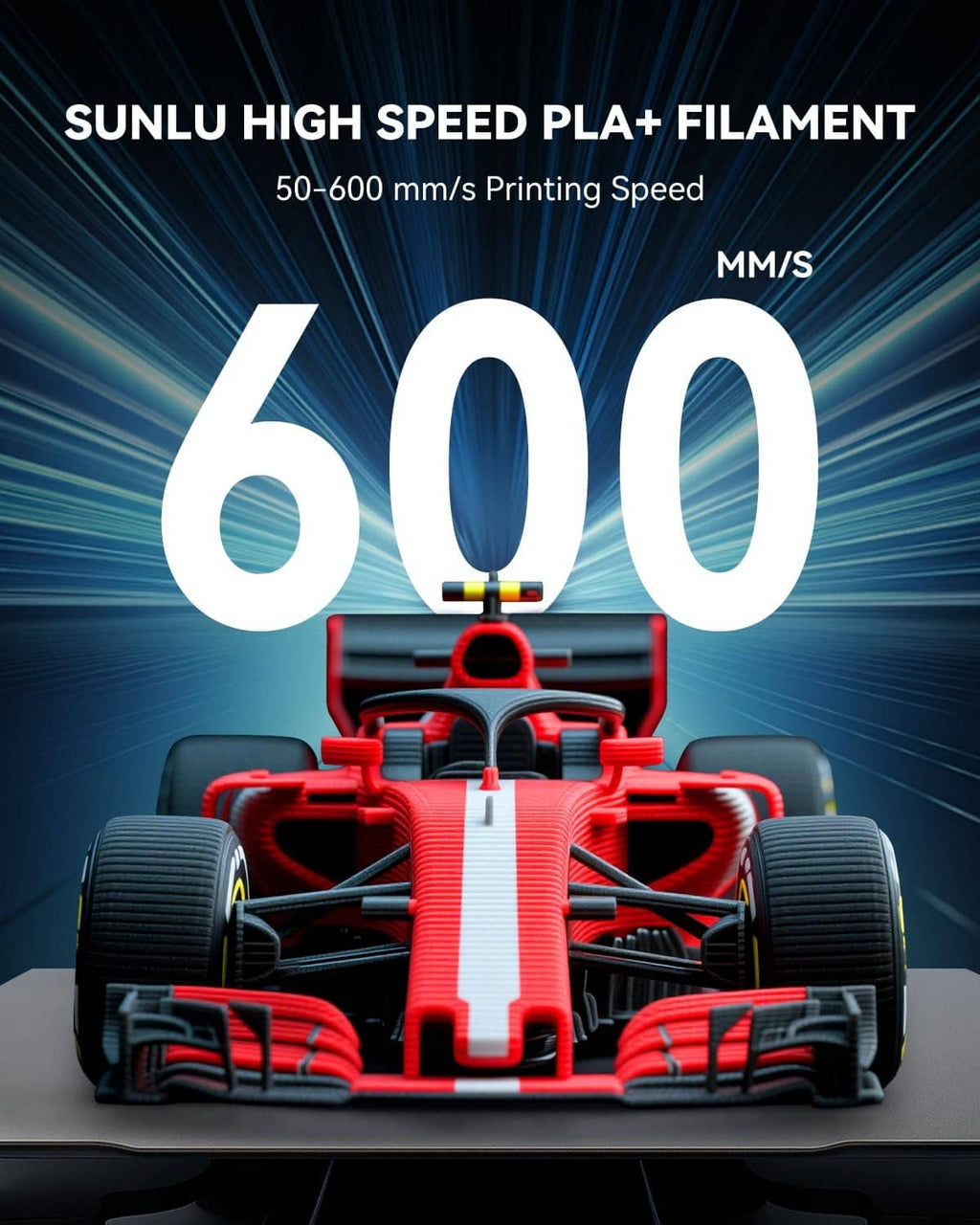 Promotional graphic for high-speed PLA+ filament showing 600 mm/s printing speed