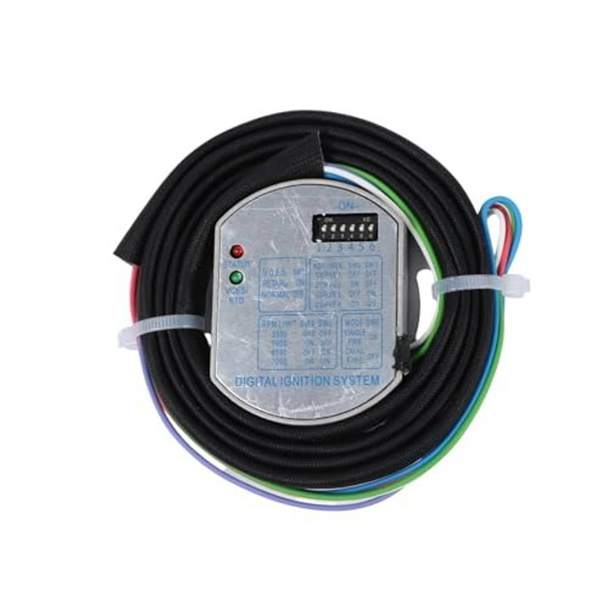 Programmable single-fire ignition module with black wiring harness and silver control plate