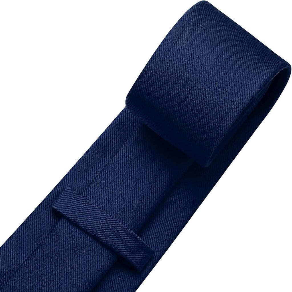 Navy textured solid necktie with stitched knot area and pointed tip