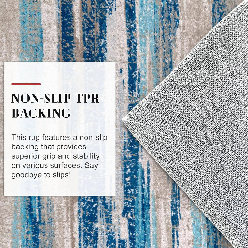 Non-slip TPR backing underside of a blue abstract runner rug with textured grip