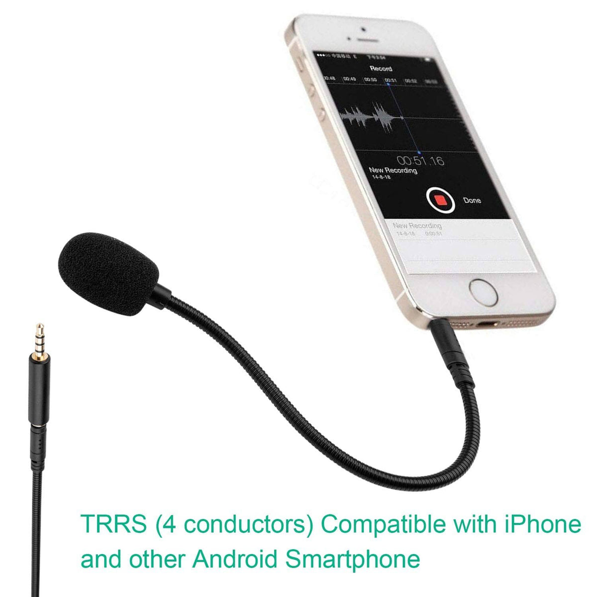 Black aux microphone with foam windscreen and 3.5mm plug for smartphone use