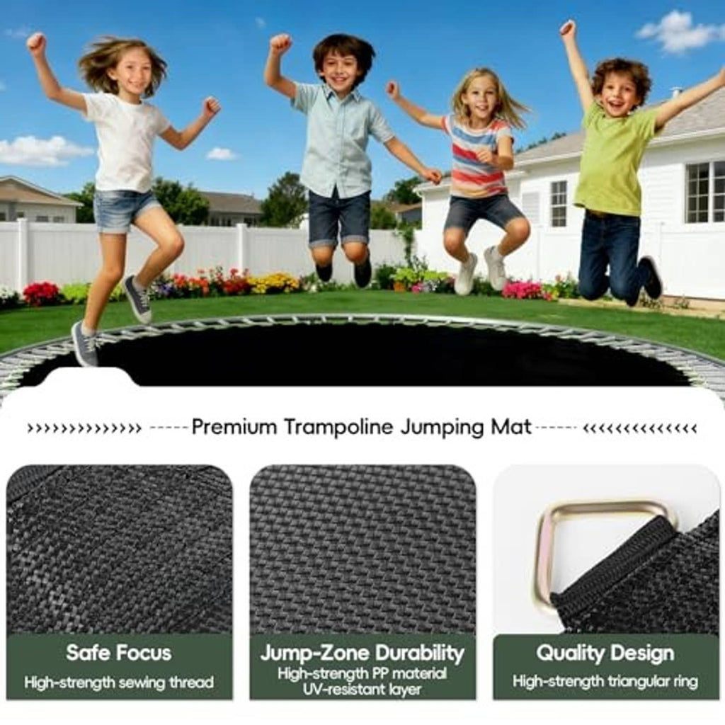 Round black trampoline jumping mat with textured weave and durable edge stitching