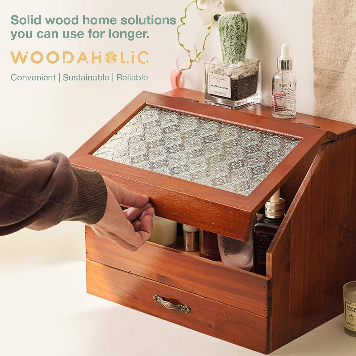 Brown wooden organizer with etched floral glass top and open drawer compartment
