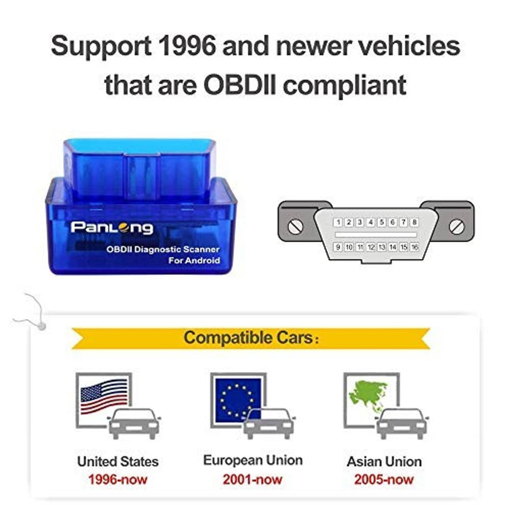 Blue OBDII diagnostic scanner with compatible car chart and connector pin graphic