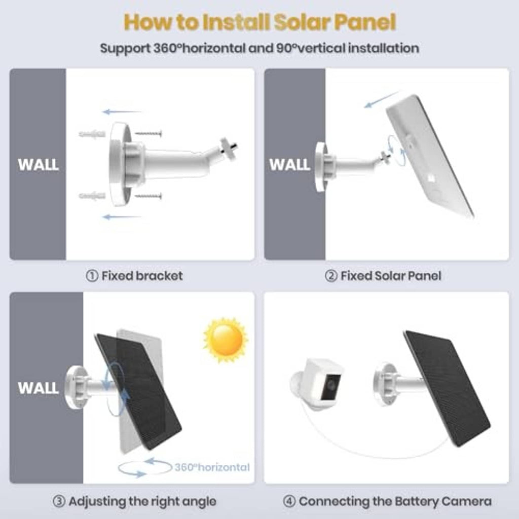 Installation diagram for wall-mounted solar panel with adjustable angle and connecting cables