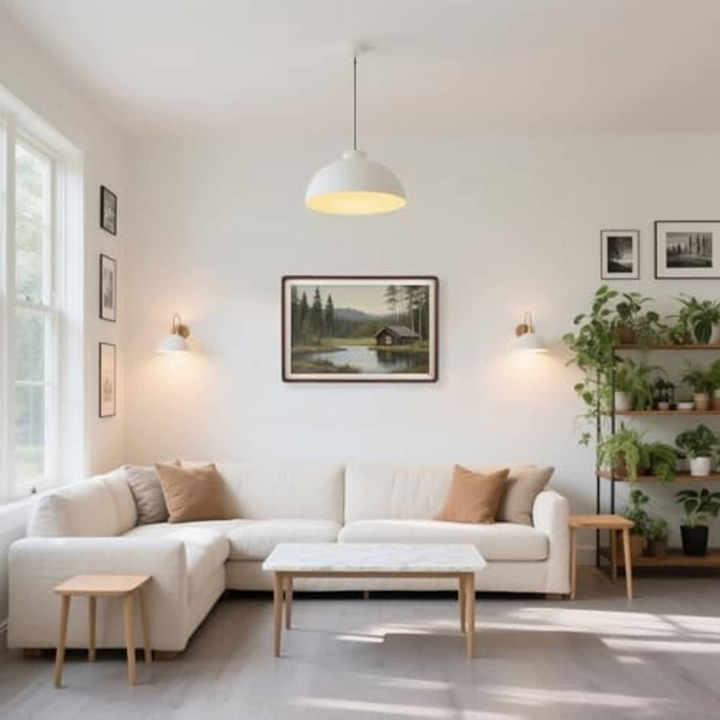 Walnut picture frame above a sofa, displaying a landscape print on the wall